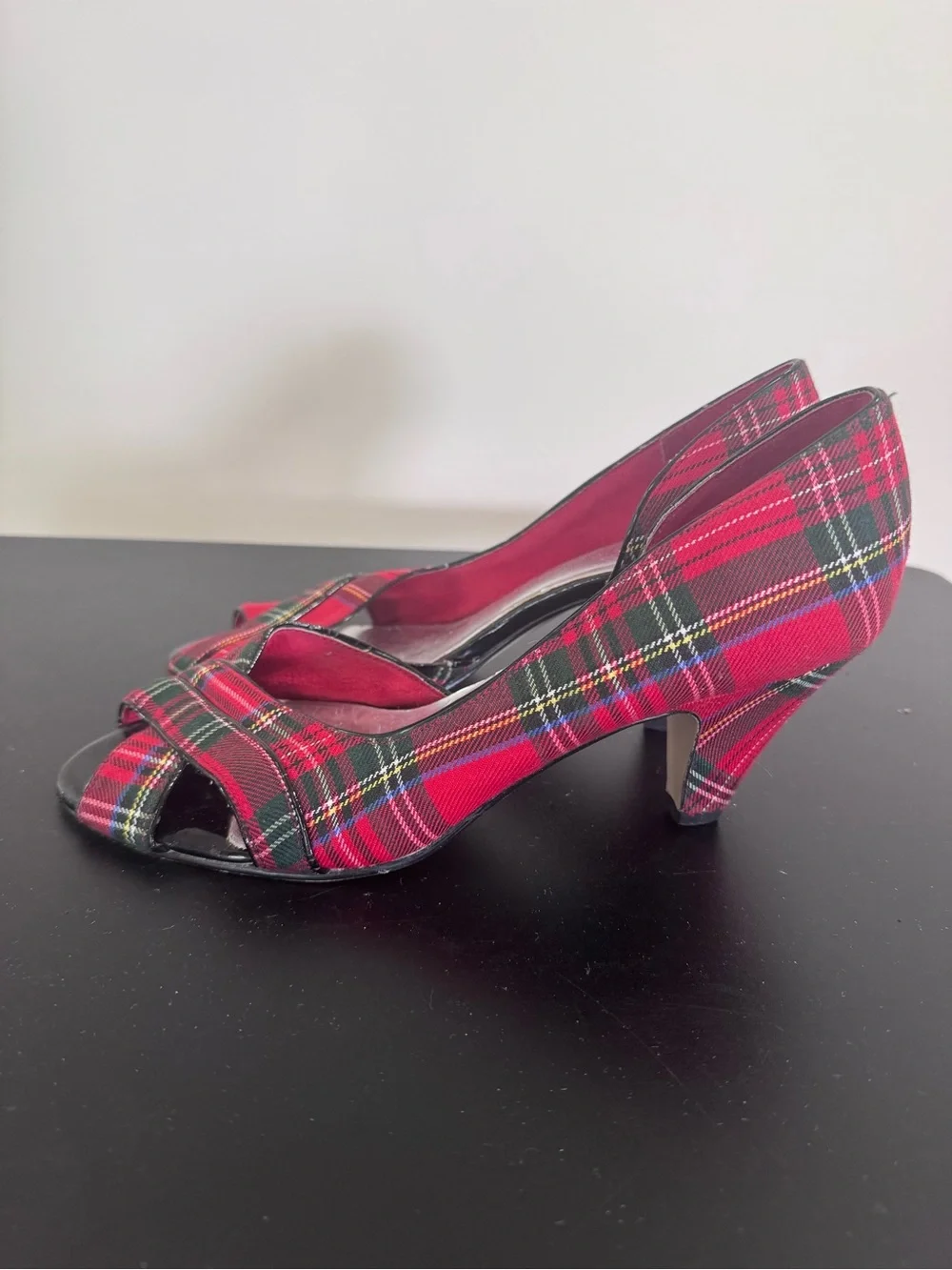 Seychelles Red Tartan Plaid Peep-Toe Heels